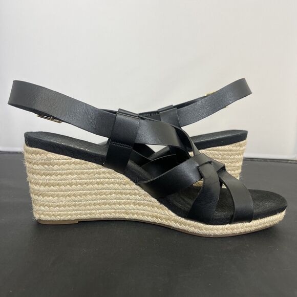 Cole Haan Crystal Womens Size 9.5B Shoes Black Leather Wedge Espadrille Sandals - Picture 8 of 13